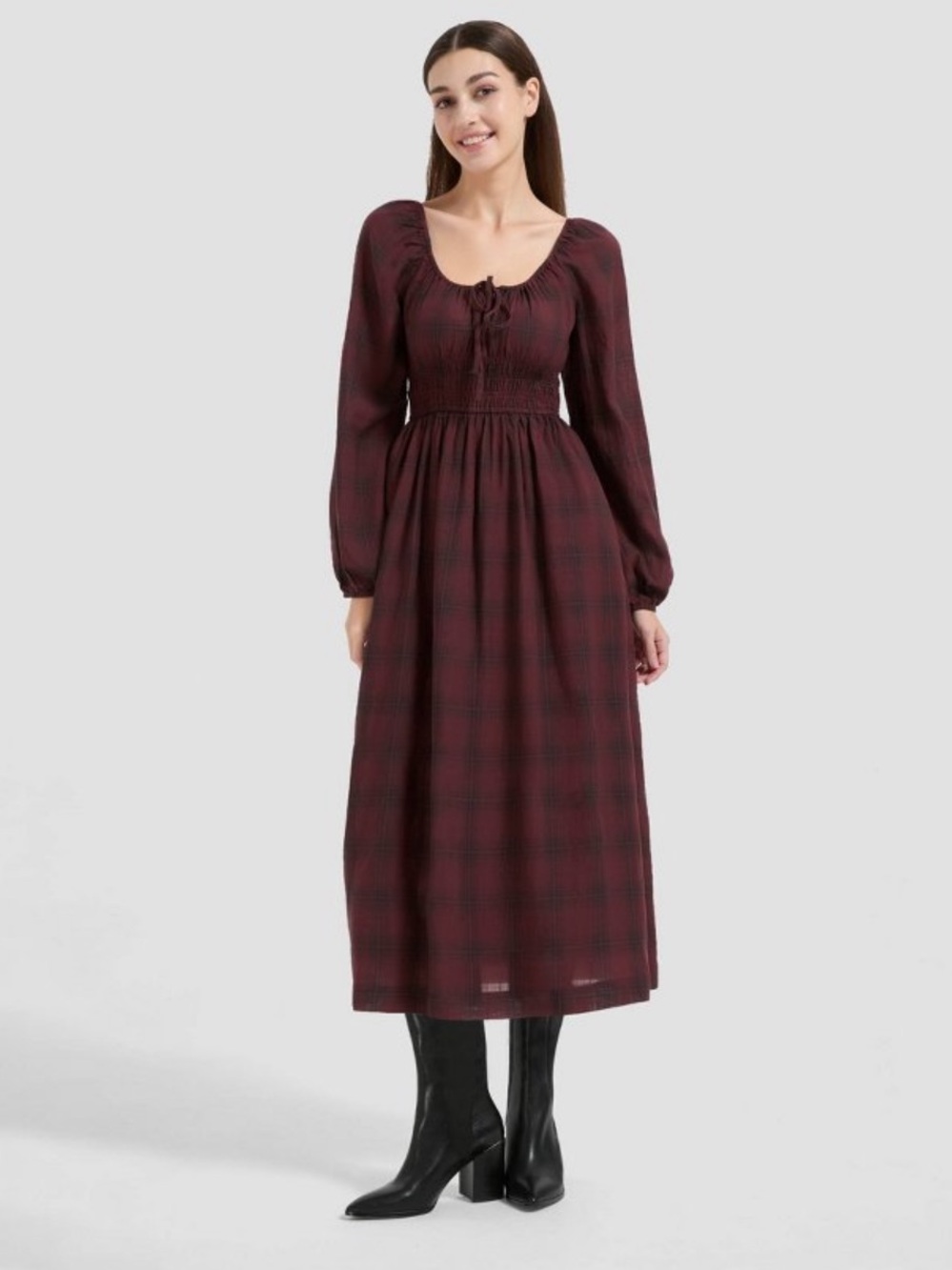 Universal Thread Rosewood Brown Plaid Long Sleeve Midi A-Line Dress